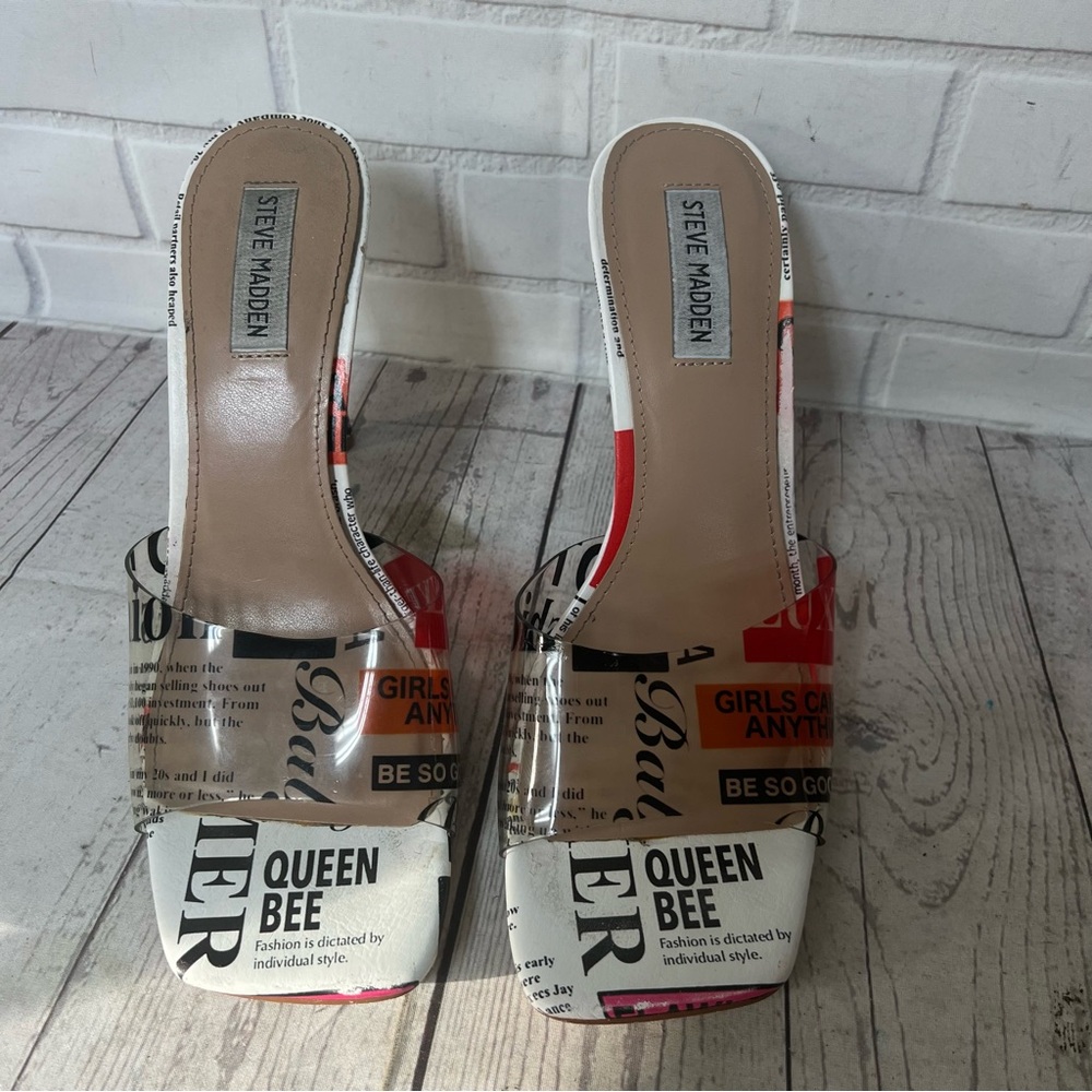 Vintage Steve Madden Y2K Size 10 Newspaper News Print Heels Clear Slide Shoes - Picture 14 of 16